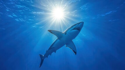 Fototapeta premium Great White Shark Swimming Towards Sunlight in Blue Ocean