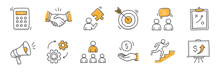 Hand drawn icon sketch business office career set. Doodle hand drawn business office target, finance group work, career teamwork strategy. Target, puzzle, chart element. Vector illustration.