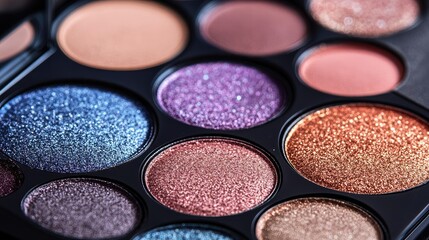Detailed image of an eyeshadow palette with matte and shimmer shades, no branding, centered on the color variety, no people.