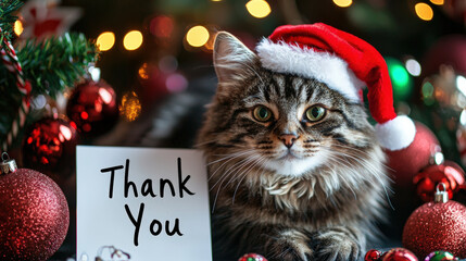 A tabby cat wearing Santa hat sits next to festive Thank You sign, surrounded by Christmas ornaments and decorations, radiating holiday cheer