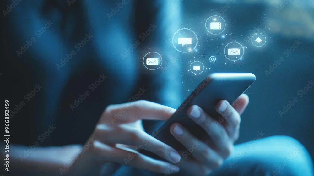 Poster engaged in digital world, person is typing on smartphone, surrounded by floating communication icons