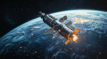 A high tech space telescope orbits above Earth, capturing stunning views of planet and cosmos. Its intricate design showcases advanced technology and exploration