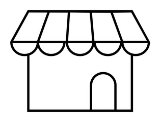 Black and white line art of a small shop with a striped awning and a curved door. Ideal for themes like retail, market, store, business, and shopping.