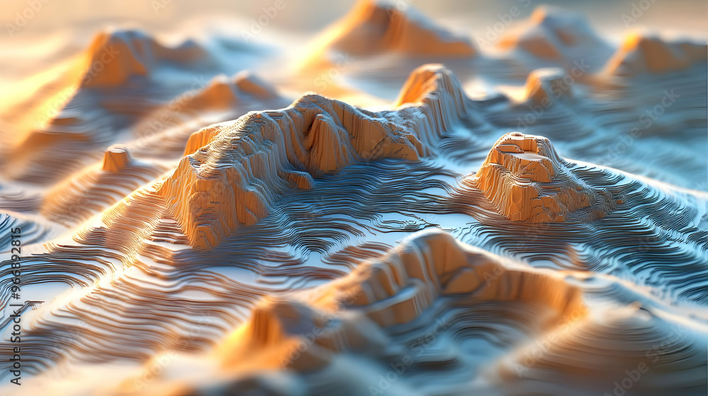 Poster a detailed 3d rendering of mountainous terrain with intricate textures and lighting.