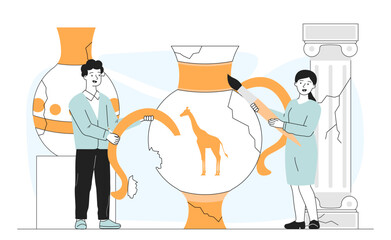 Team of restorers. Man and woman near vase made of fragments. Restoration of antiques and relics. History and archeology. Linear vector illustration