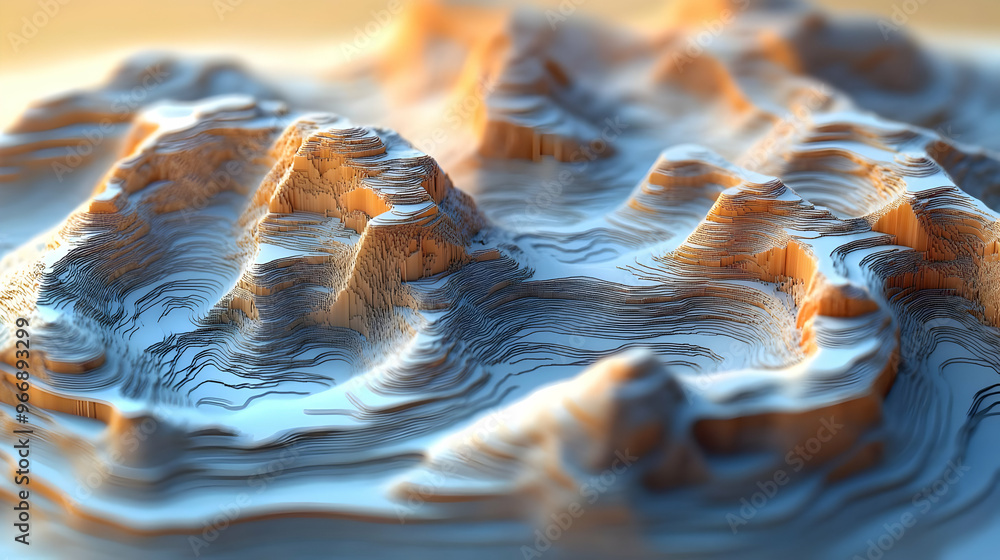 Poster a detailed topographic representation of mountainous terrain with intricate textures and shadows.