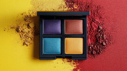 Detailed shot of an eyeshadow quad with bold colors, no logo, focused on the sleek, minimalist design, no people.