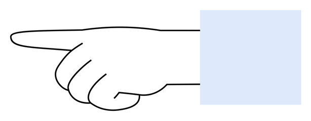A white, outlined hand pointing left with a blue rectangle overlay on the wrist. Ideal for gestures, navigation, directions, minimalist design, educational materials.