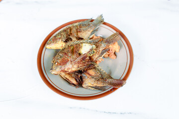 Fried fish served on a white plate. isolated on white background.