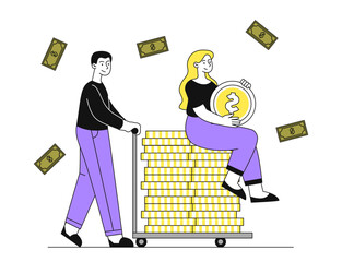 Rich people with coins. Man and woman with banknotes and cash. Lottery or casino winners. Financial literacy and passive income. Linear vector illustration