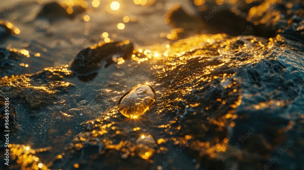 Poster Glistening oil flows over the uneven stone texture in subdued illumination, captured in a close-up with a soft focus.