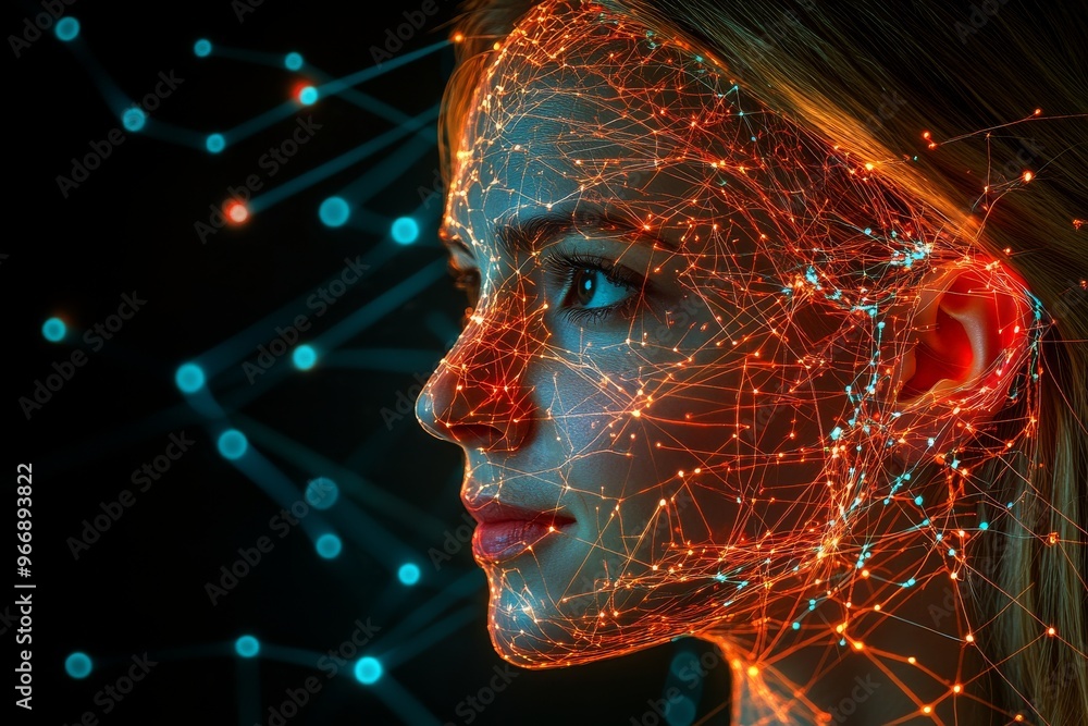 Poster neural crest neural efficiency and brain derived factor futuristic woman with glowing neural network
