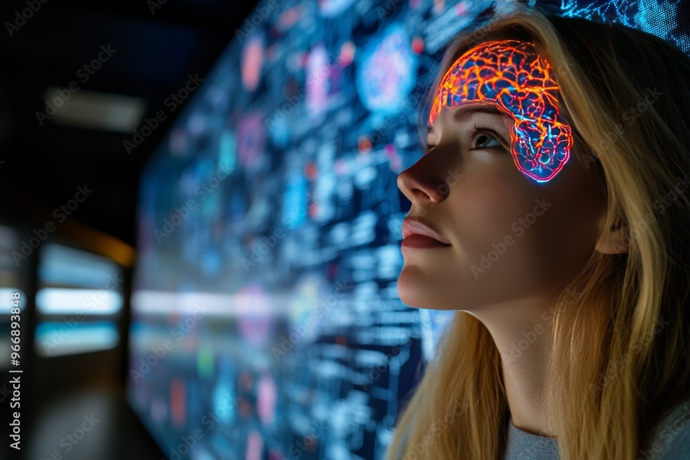 Poster brain network cognitive flexibility and cognitive load woman under brain scanning display representi