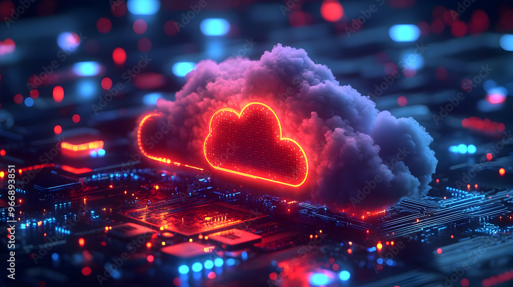 Poster a digital cloud symbol over a circuit board, representing data storage and technology.