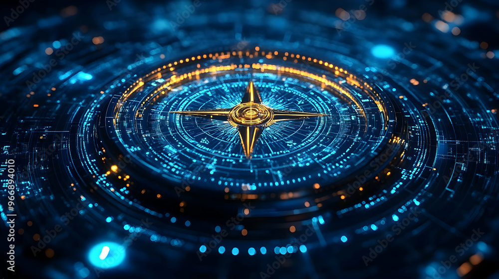Poster a digital compass design with glowing elements and intricate patterns.