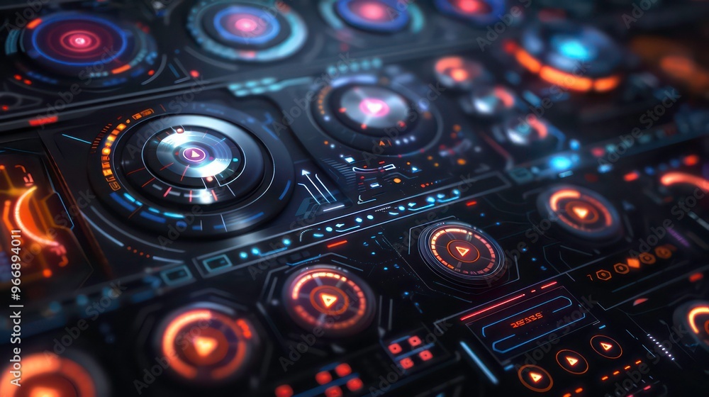 Poster a futuristic user interface with glowing buttons, dials, and indicators.