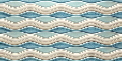 Smooth ceramic tile textured with waves in pearl white and ocean blue