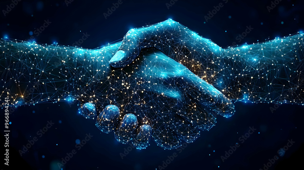 Poster a digital handshake symbolizing collaboration and connection in a tech-driven world.