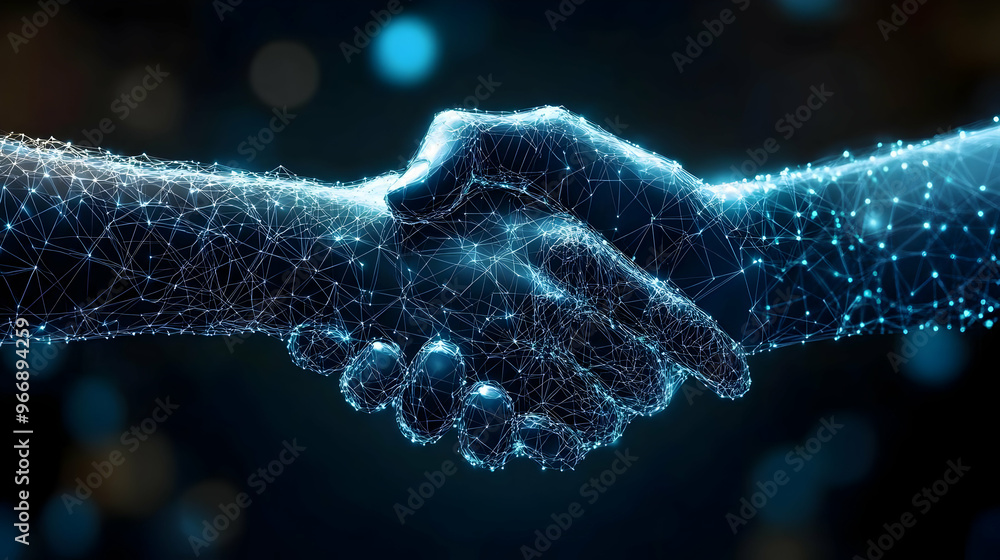 Poster A digital handshake symbolizing collaboration and connection in a technological context.