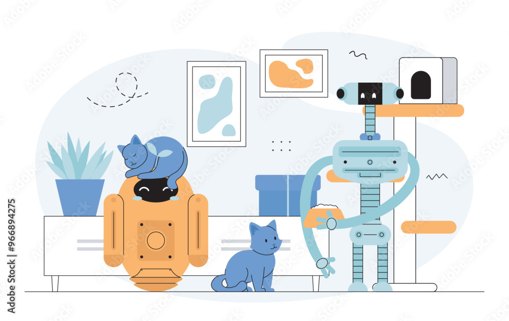 Poster robots care of cats. robots with kittens in apartment. artificial intelligence and machine learning,
