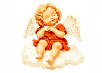 Fototapeta premium Cherubic Serenity: A golden-haired cherub, adorned in flowing red, rests upon a cloud, eyes closed in peaceful bliss, wings gracefully unfurled. 