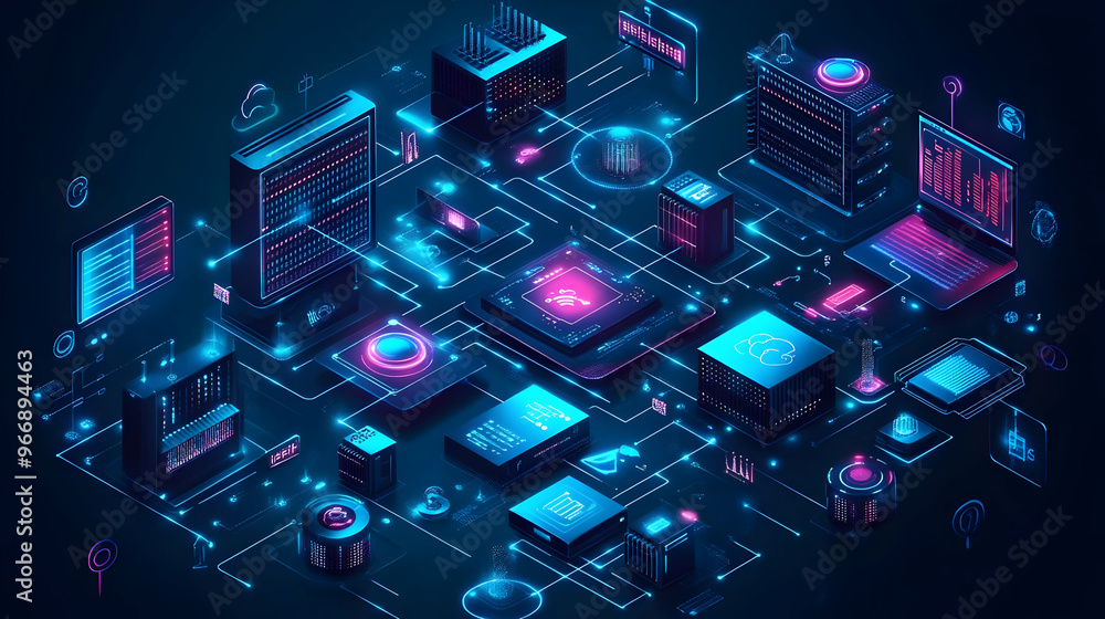 Poster a digital illustration of interconnected technology components and data networks.