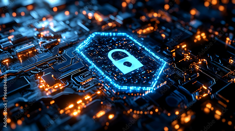 Poster a digital lock symbol on a circuit board, representing cybersecurity and data protection.