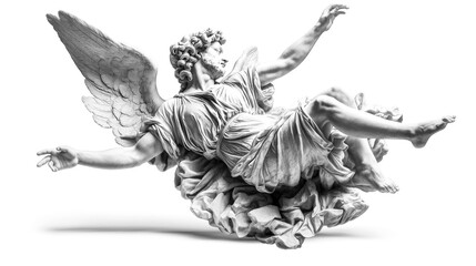 Fallen Angel: A poignant portrayal of a winged celestial being cast down, sculpted in stark monochrome - evoking themes of grace, despair, and the duality of existence. 