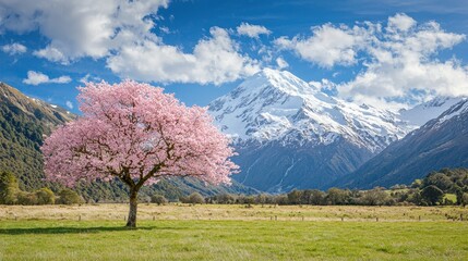 Pink Cherry Blossom Tree in Front of Snow capped Mountain Range