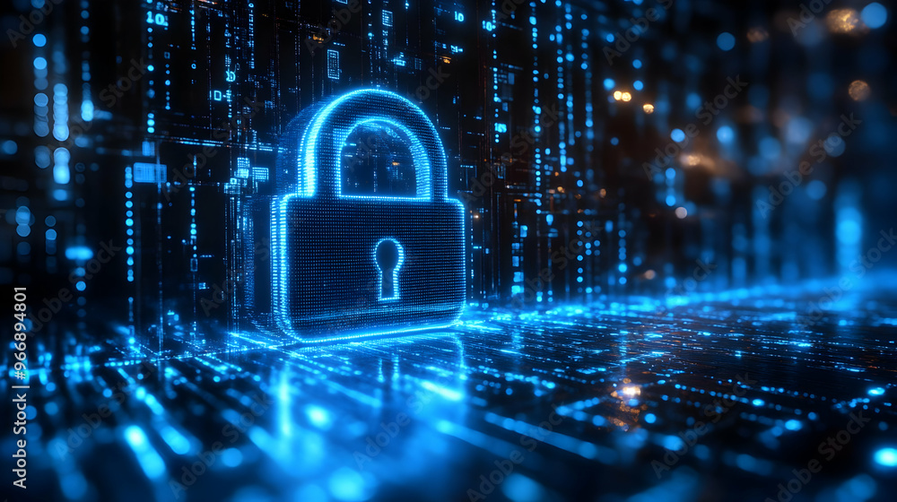 Poster a digital lock symbolizing cybersecurity and data protection in a high-tech environment.