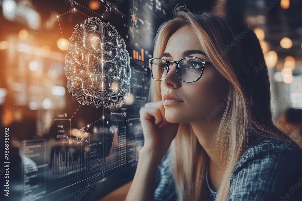 Aufkleber neural oscillation neurostimulation and neuroinformatics woman in a futuristic research setting with