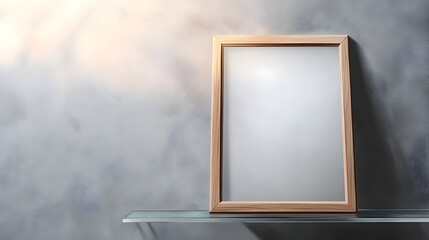 Wooden Frame Leaning on Floating Glass Shelf with Soft Diffused Lighting