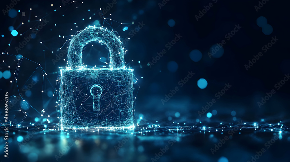 Poster a digital padlock symbolizing cybersecurity and data protection in a futuristic design.