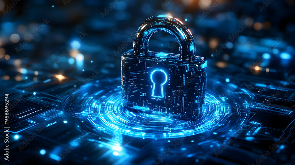 Poster a digital padlock symbolizing cybersecurity and data protection in a tech environment.