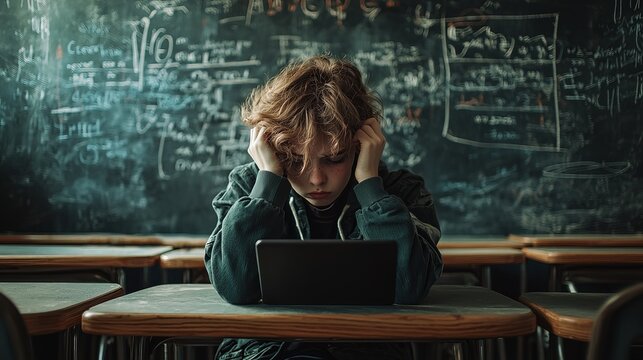 Boy stressed with homework on tablet in front of chalkboard during class