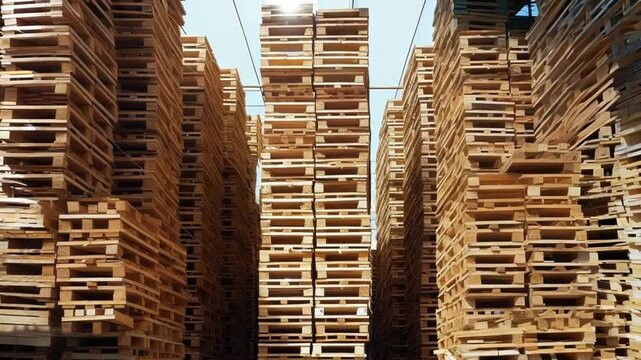 Stacks of brand new wooden pallets stand ready for distribution at a large scale storage facility. Sunlight streams into the industrial space