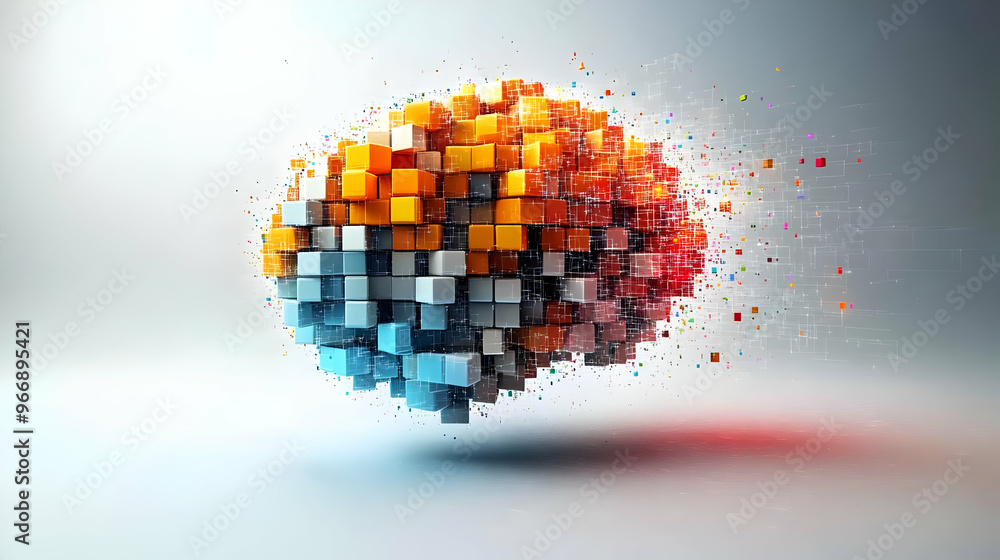 Poster a digital representation of a brain made of colorful cubes, symbolizing creativity and technology.