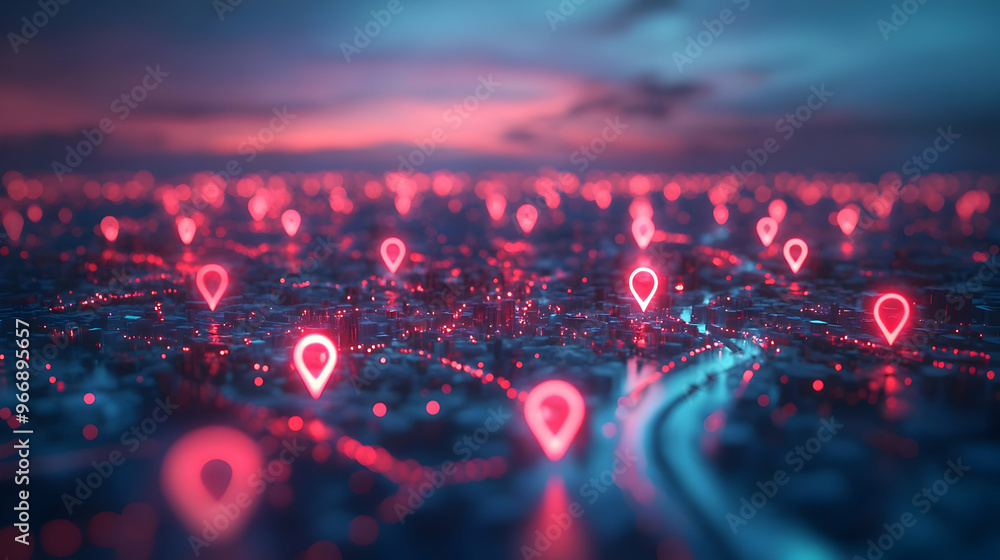 Aufkleber a digital representation of a city with glowing location pins indicating various points of interest.