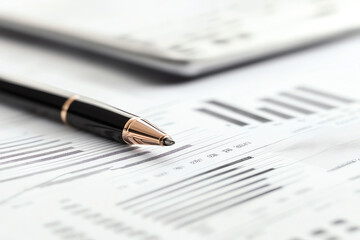 Close-up of a pen resting on financial reports, symbolizing analysis and data management in business.