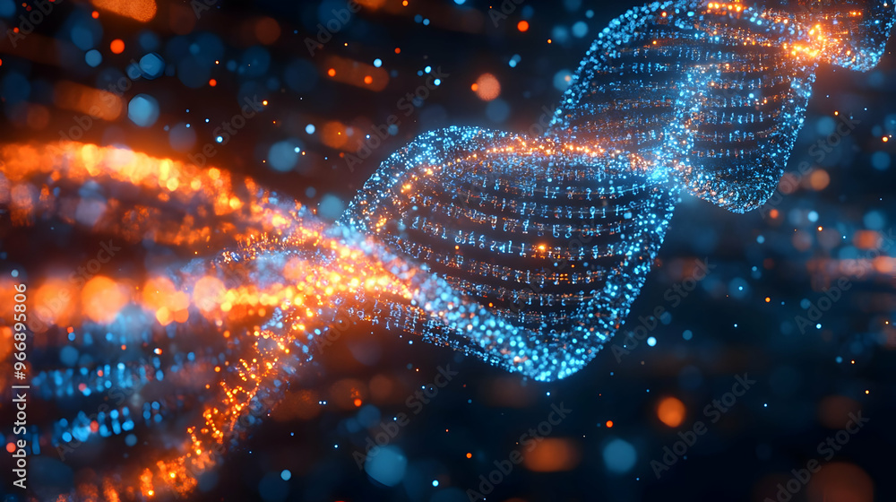 Poster a digital representation of a dna double helix with glowing particles.