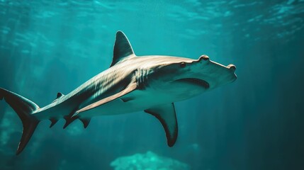 Fototapeta premium Captivating image of a Hammerhead Shark swimming gracefully through the deep blue ocean highlighting its distinctive and evolutionary head shape and fascinating predatory behavior