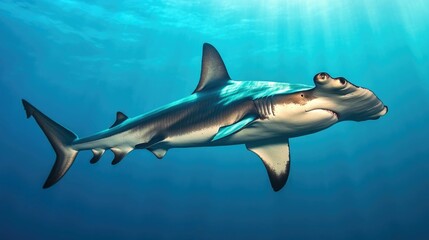 Fototapeta premium Majestic Hammerhead Shark Navigating the Depths of the Ocean Showcasing Its Distinctive Head Shape and Captivating Underwater Behavior