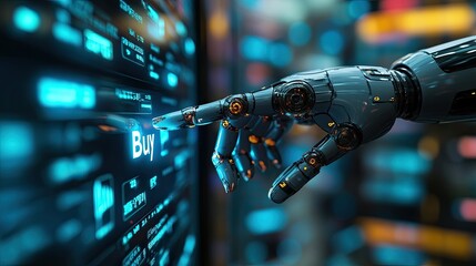 10. Robot hand pressing a Buy button on a digital stock trading interface, [automation], [AI executing trades]