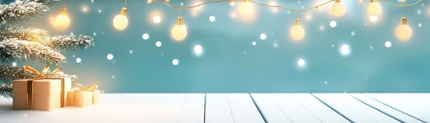 Festive Christmas scene with decorated tree, glowing lights, snowflakes, and gift boxes on wooden floor. Perfect for holiday season celebrations.