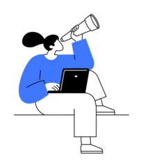Vector image of a person sitting with a laptop, looking through a telescope. The person has a blue shirt, white pants, and a simple appearance, signifying exploration, technology, and future vision. © robu_s