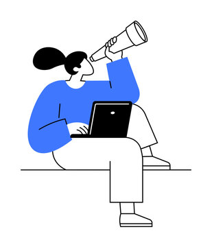 Vector image of a person sitting with a laptop, looking through a telescope. The person has a blue shirt, white pants, and a simple appearance, signifying exploration, technology, and future vision.