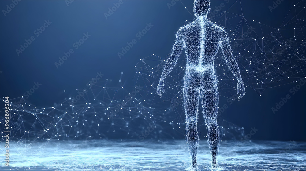 Poster a digital representation of a human figure composed of interconnected points and lines.