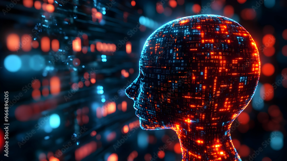 Poster a digital representation of a human head filled with glowing data patterns.
