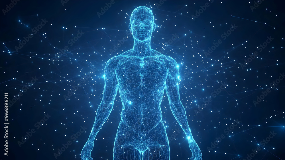 Poster a digital representation of a human figure made of interconnected lines and dots.