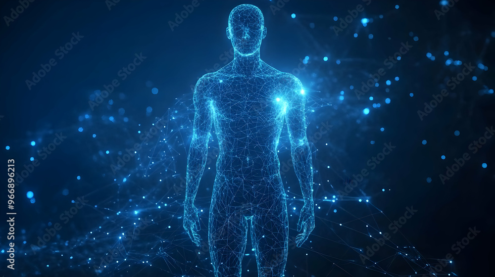 Poster a digital representation of a human figure surrounded by a network of glowing connections.